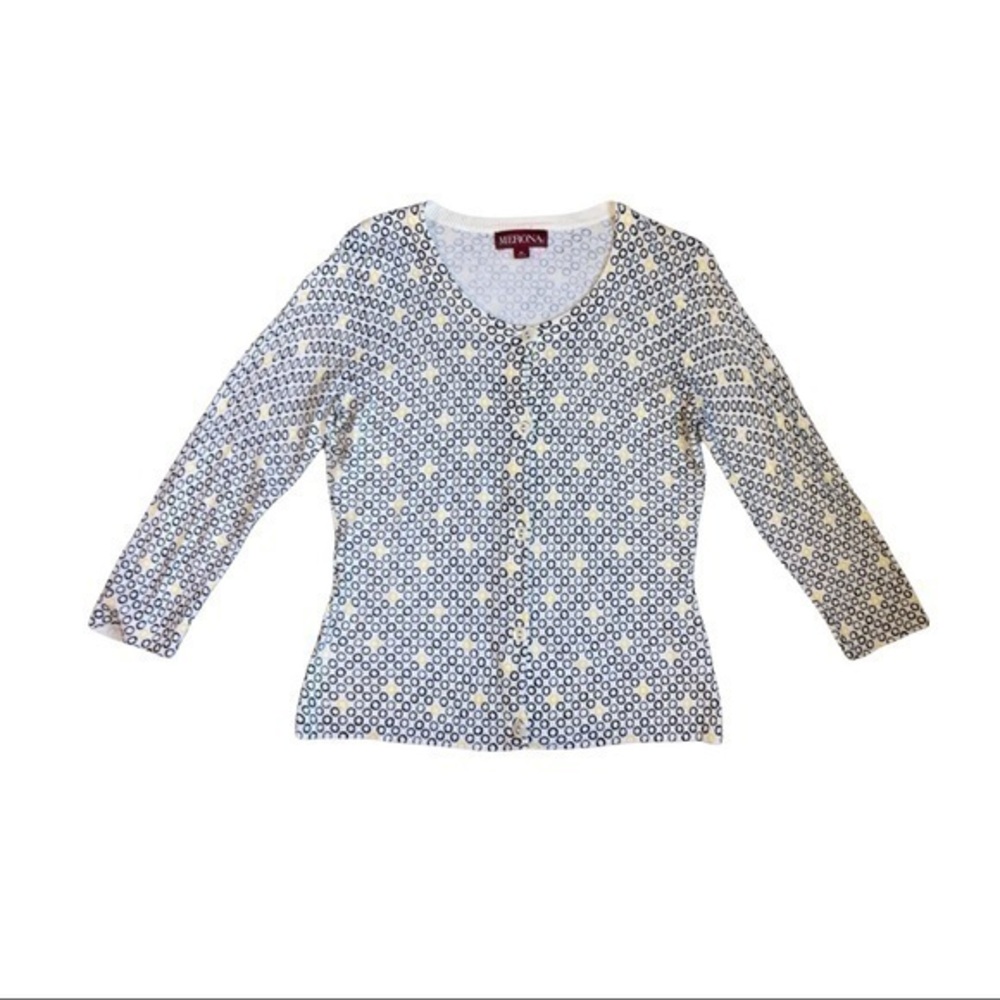 Merona size medium button up cardigan, round neck, soft, black & yellow circles